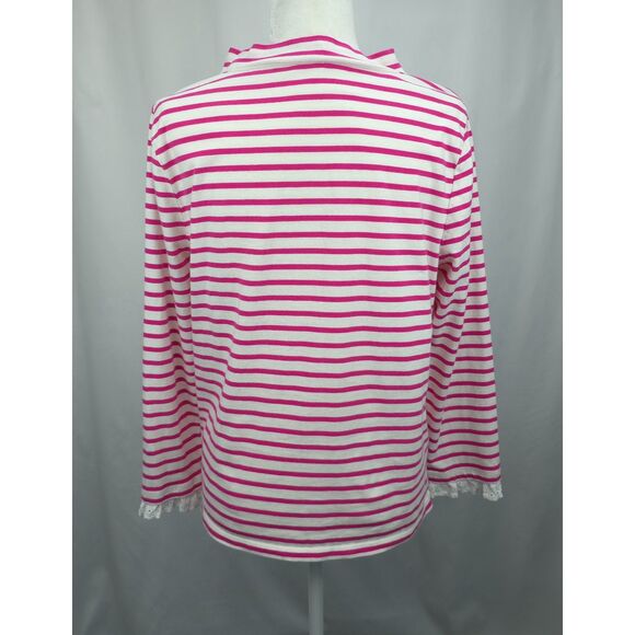 Talbots Cotton Pink Striped Funnel Neck Heart Lace Long Sleeve Shirt SZ Large - Picture 3 of 5